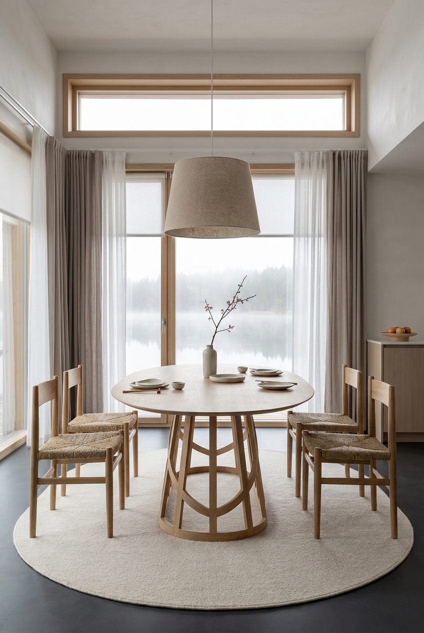 Esszimmer mit ovalem Esstisch Almere aus Eiche und geflochtenen Sitzflächen