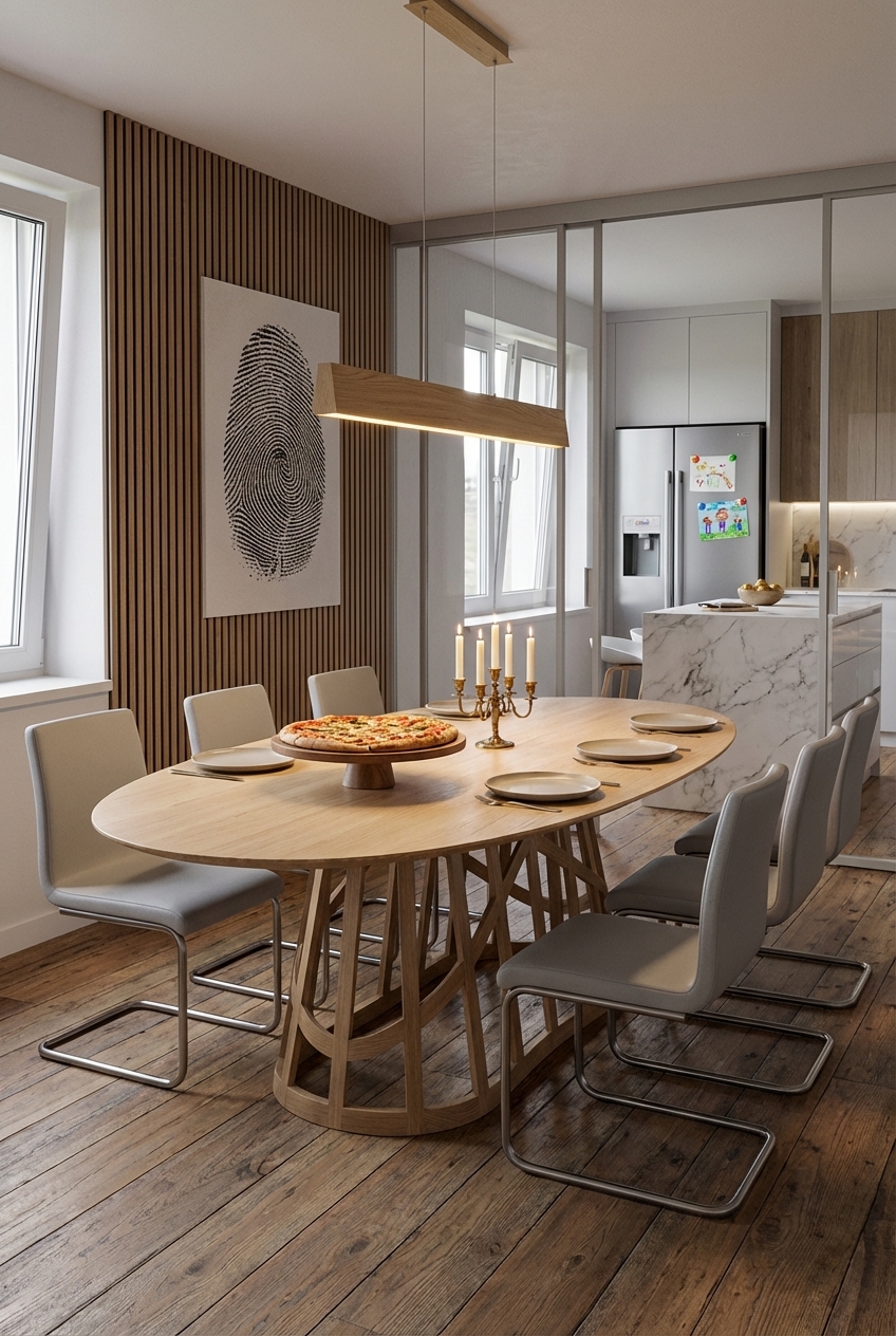 Essbereich mit Eichen-Esstisch Almere und Glaswand zur Küche, Holzpaneele sorgen für klare Trennung