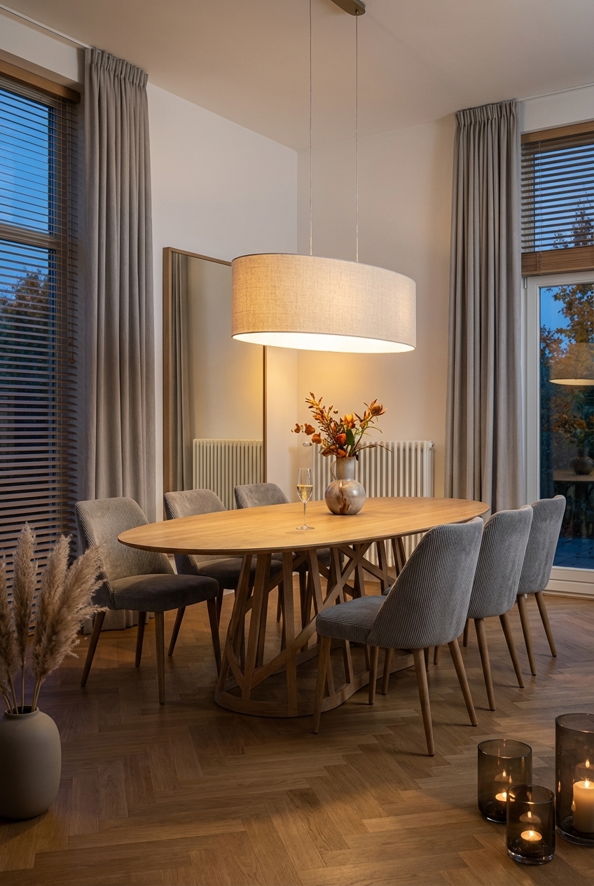 Pendelleuchte mit breitem Stoffschirm über ovalem Esstisch aus Eiche für sanfte Beleuchtung