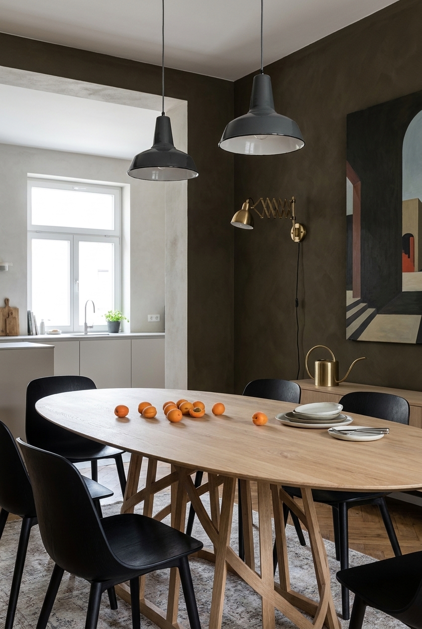 Gemütlicher Essbereich mit taupe Wandfarbe und ovalem Esstisch aus Eiche
