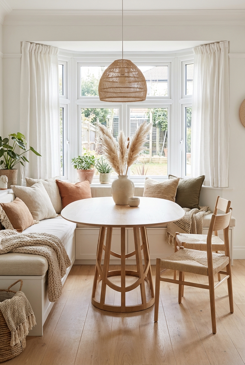 Esszimmer mit fester Sitzbank am Fenster und ovalem Esstisch Almere aus Eiche.