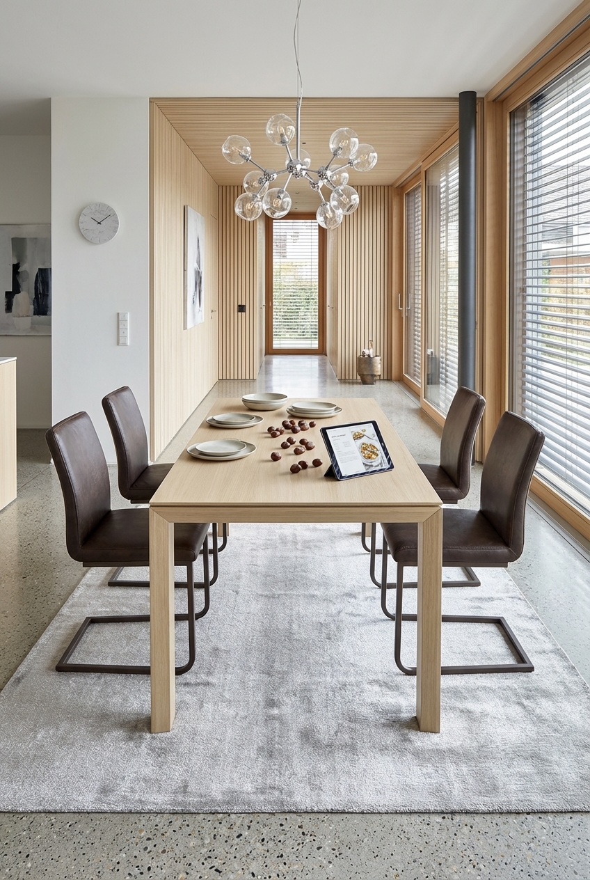 Esszimmer mit hellem Holzpaneel, das nahtlos von Wand zu Decke verläuft, ergänzt durch dunkle Stühle und den Esstisch Amalfi aus Esche