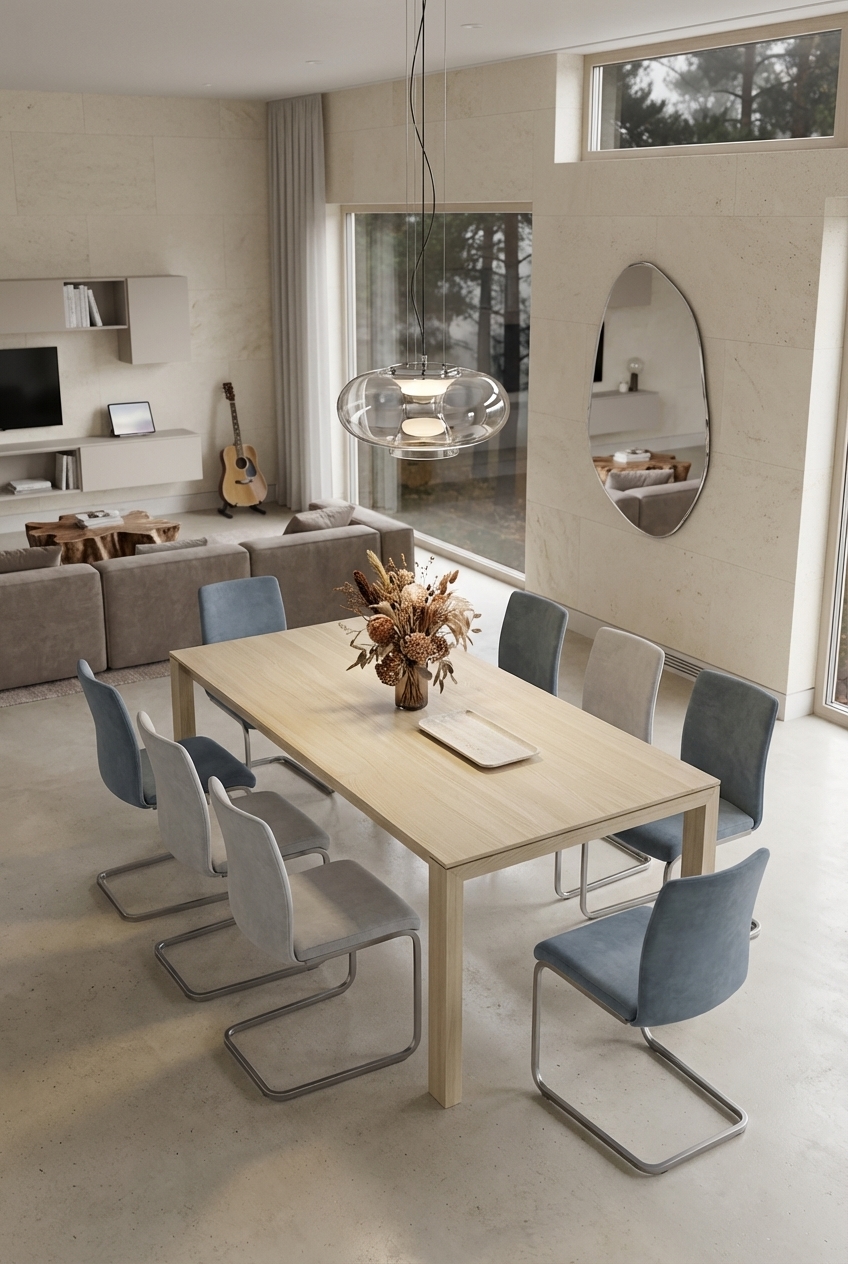 Esstisch Amalfi aus Eschenholz mit rauchblauen Stühlen für skandinavische Eleganz