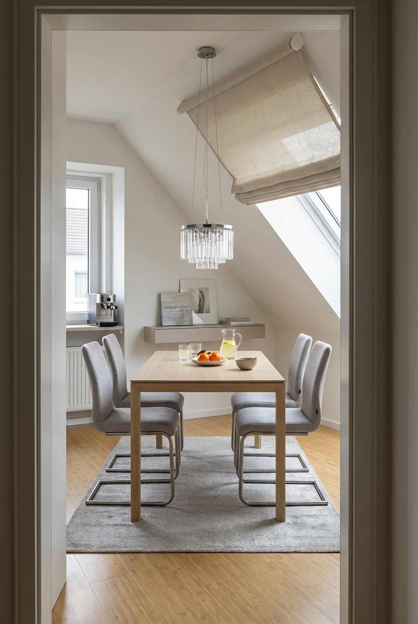 Essbereich unter einer Dachschräge mit Esstisch Amalfi Holz und hellen Tönen