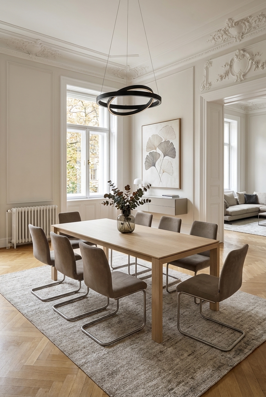 Essbereich mit Stuckdecke und schlichtem Esstisch Amalfi aus Eschenholz