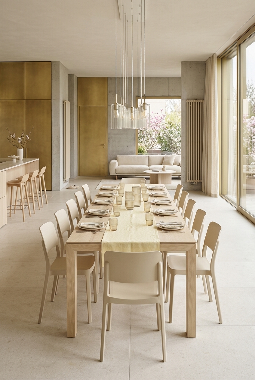 Esszimmer mit gebürsteten Messingflächen und Esstisch Amalfi aus Eschenholz