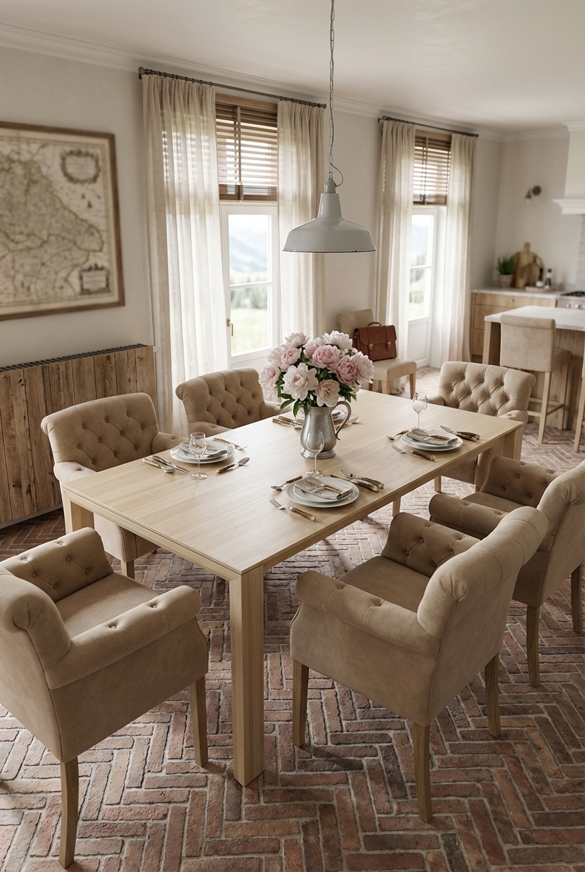 Heller Esstisch Amalfi aus Eschenholz auf rötlichem Ziegelboden im Fischgrätmuster