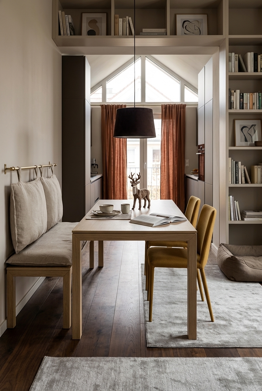 Esszimmeridee mit Esstisch Amalfi Holz und Senfton-Stühlen in einer Nische