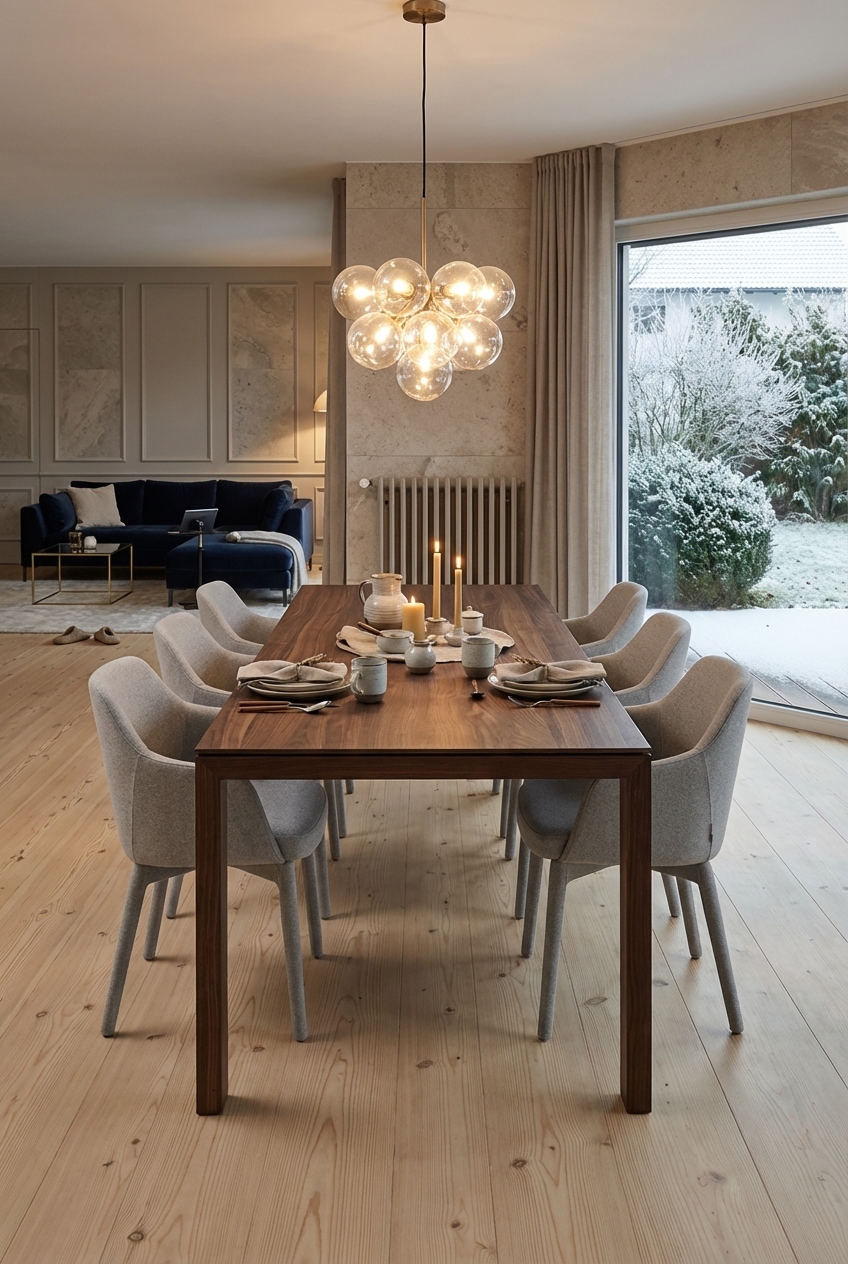 Esszimmer mit einem modernen Nussbaumtisch und hellgrauen Polsterstühlen