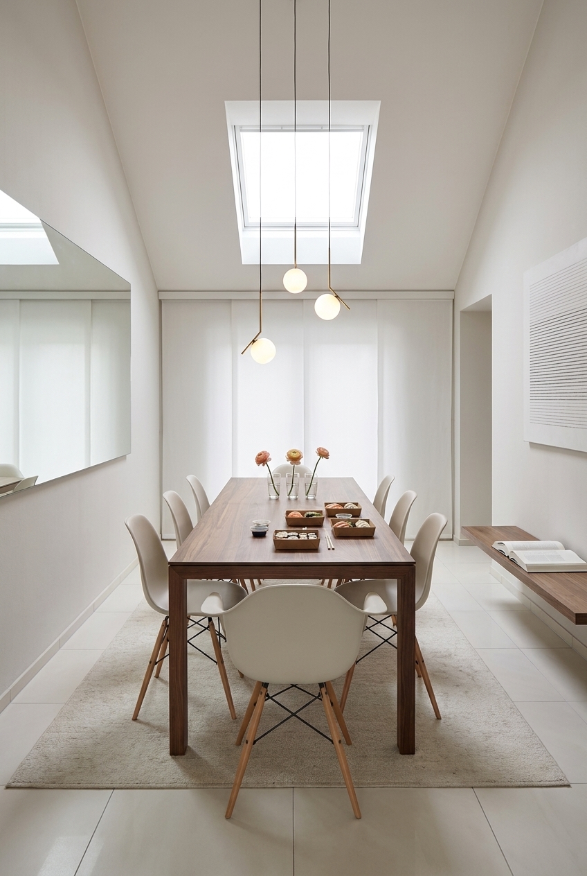 Oberlicht im schmalen Esszimmer sorgt für großzügige Helligkeit über dem Esstisch Amalfi Holz Nussbaum