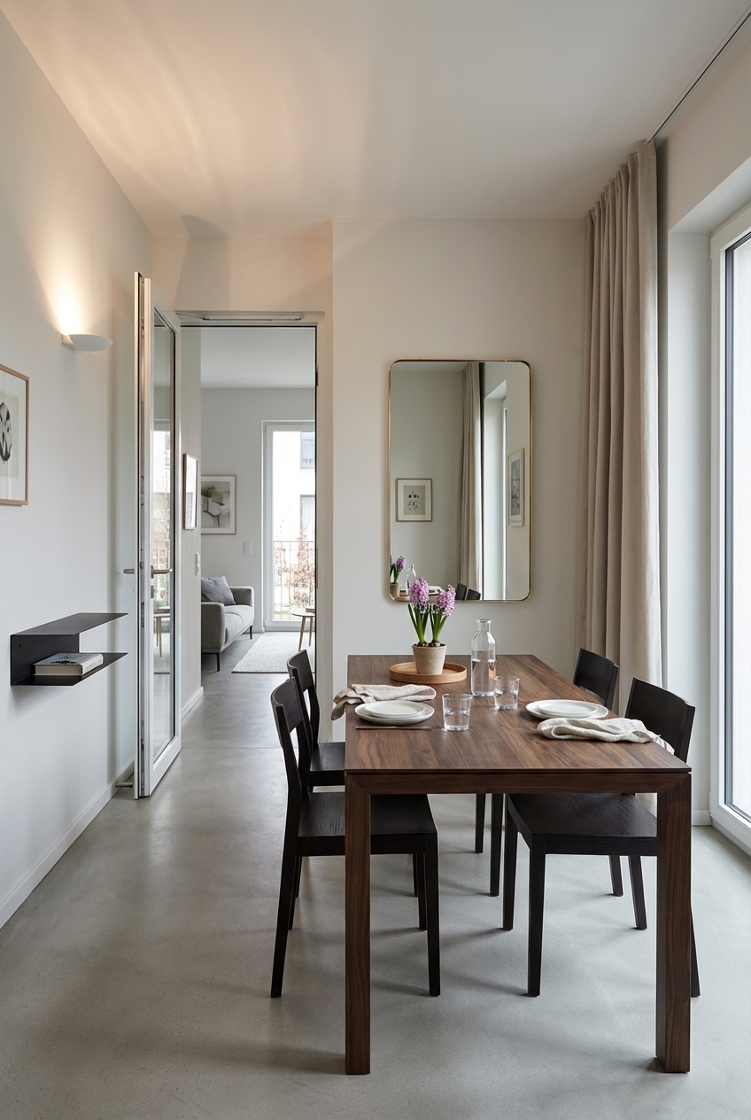 Esstisch Amalfi Holz aus Nussbaum neben einem Fenster in einem kleinen Esszimmer