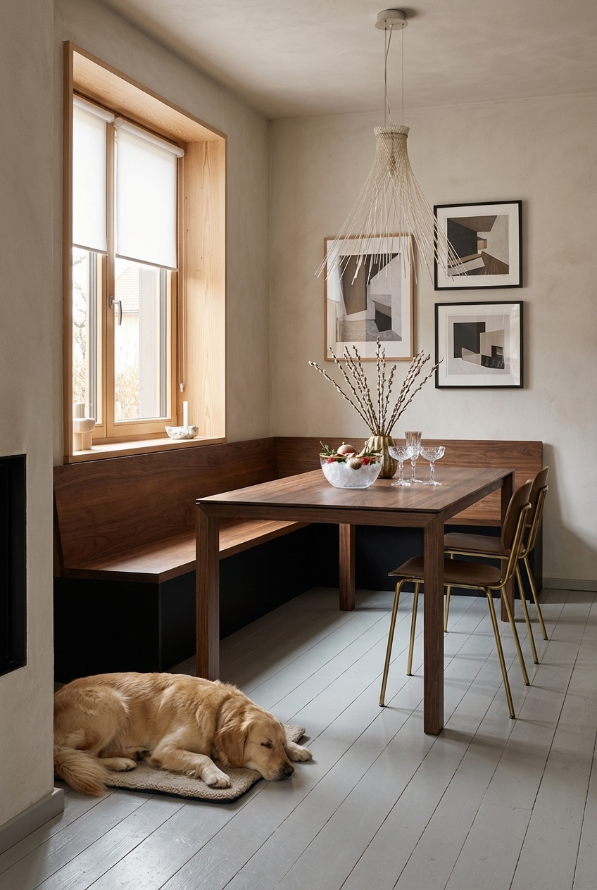 Dunkles Nussbaumholz trifft auf matte, helle Putzwände im modernen Essbereich