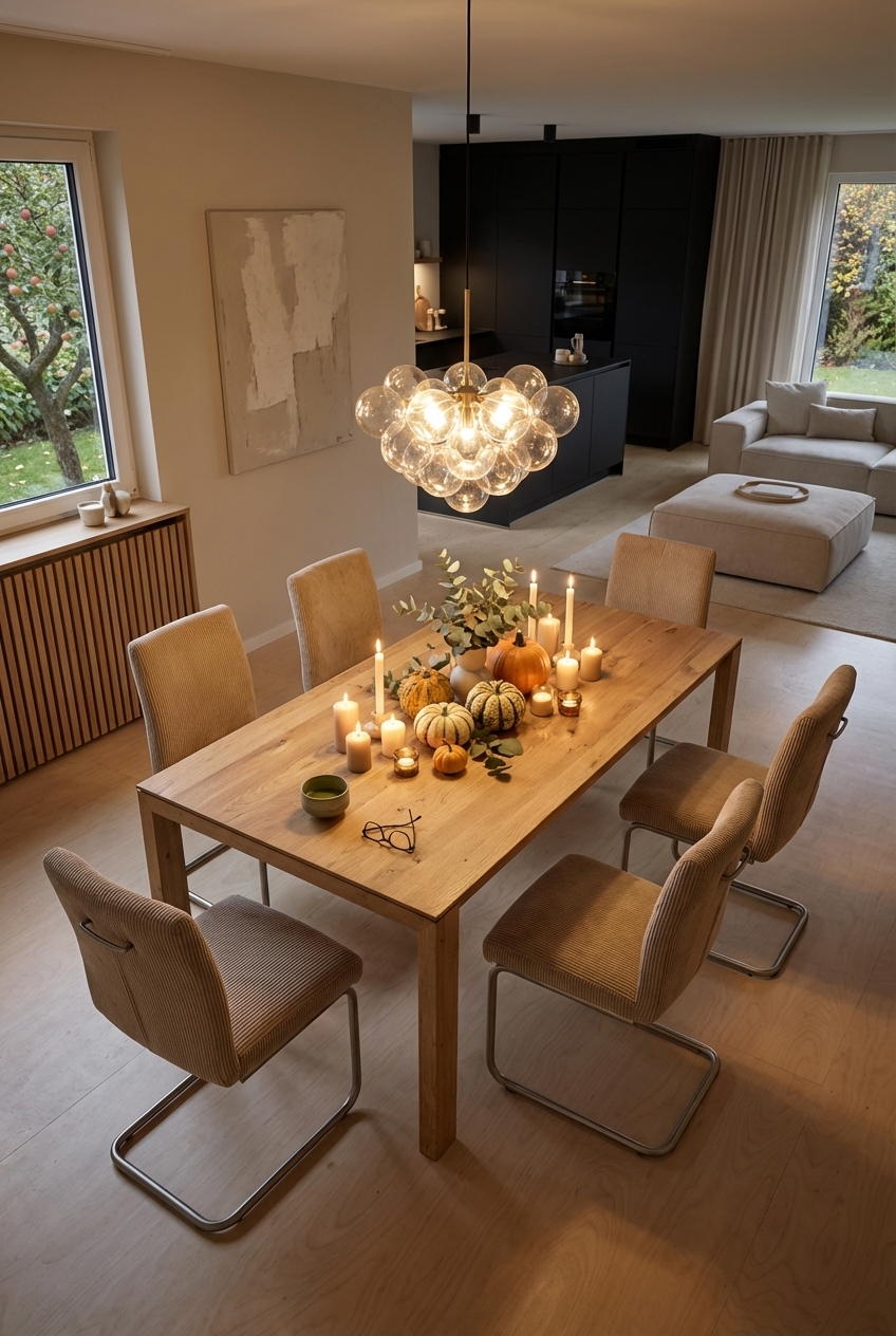 Pendelleuchte über einem Massivholztisch hebt die Maserung der Oberfläche hervor