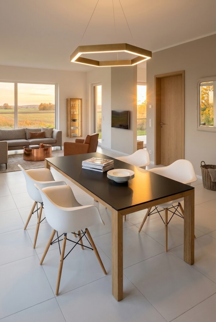 Geometrische Lampe über dunklem Esstisch Amalfi Keramik Holz Eiche Nera schafft sanften Schimmer