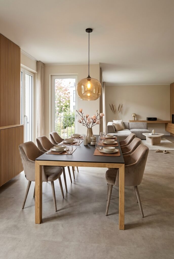 Esszimmer mit vertikalen Holzlamellen und dem Esstisch Amalfi Keramik Holz Eiche Nera.