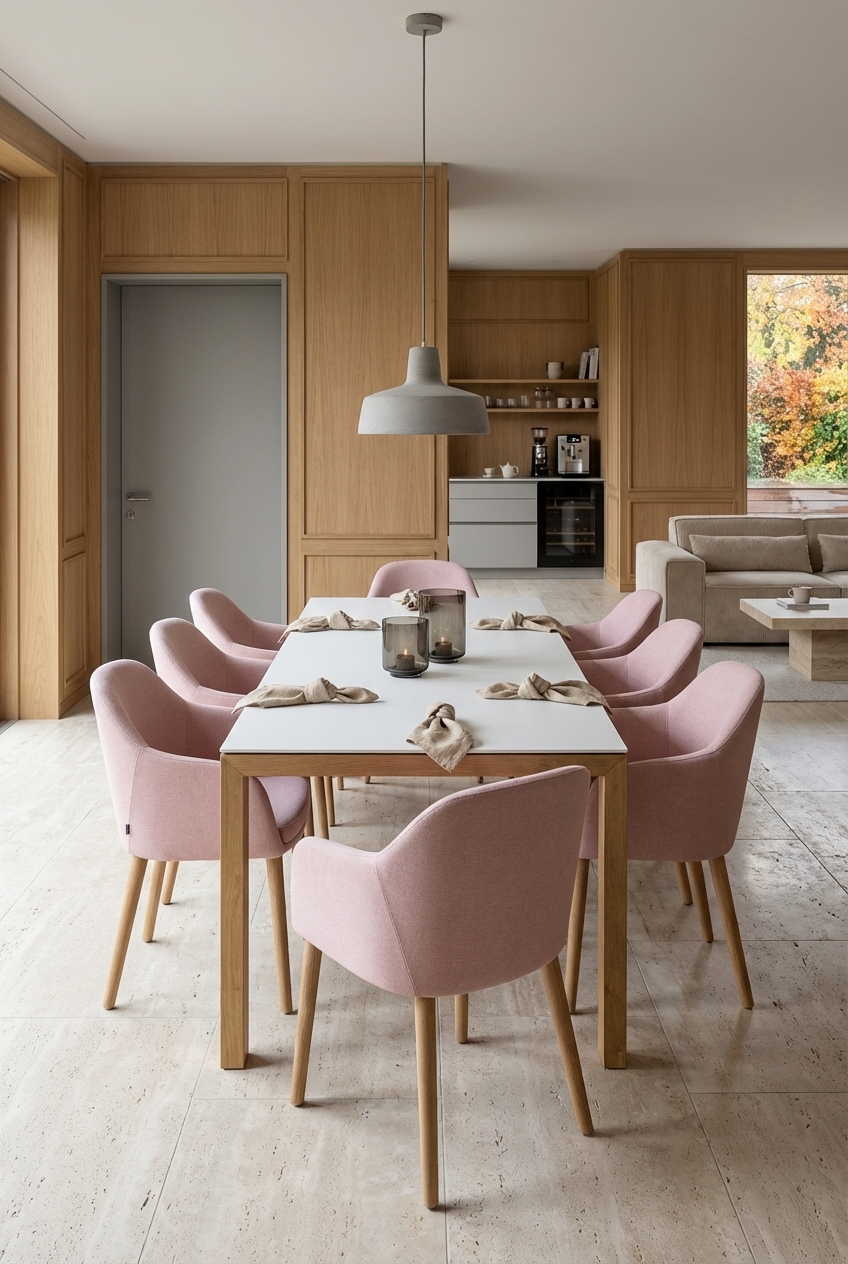 Esstisch Amalfi aus Keramik und Holz in einem zarten Rosé-Ambiente