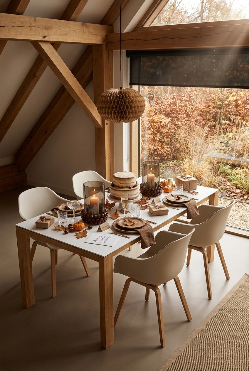 Geburtstagstorte, Kerzen in Zapfenkränzen und kleine Geschenke auf Esstisch Amalfi Keramik Holz