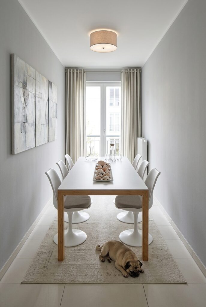 Schmales Esszimmer mit hellen Tönen, Esstisch Amalfi Keramik Holz Eiche, harmonisch gestaltet