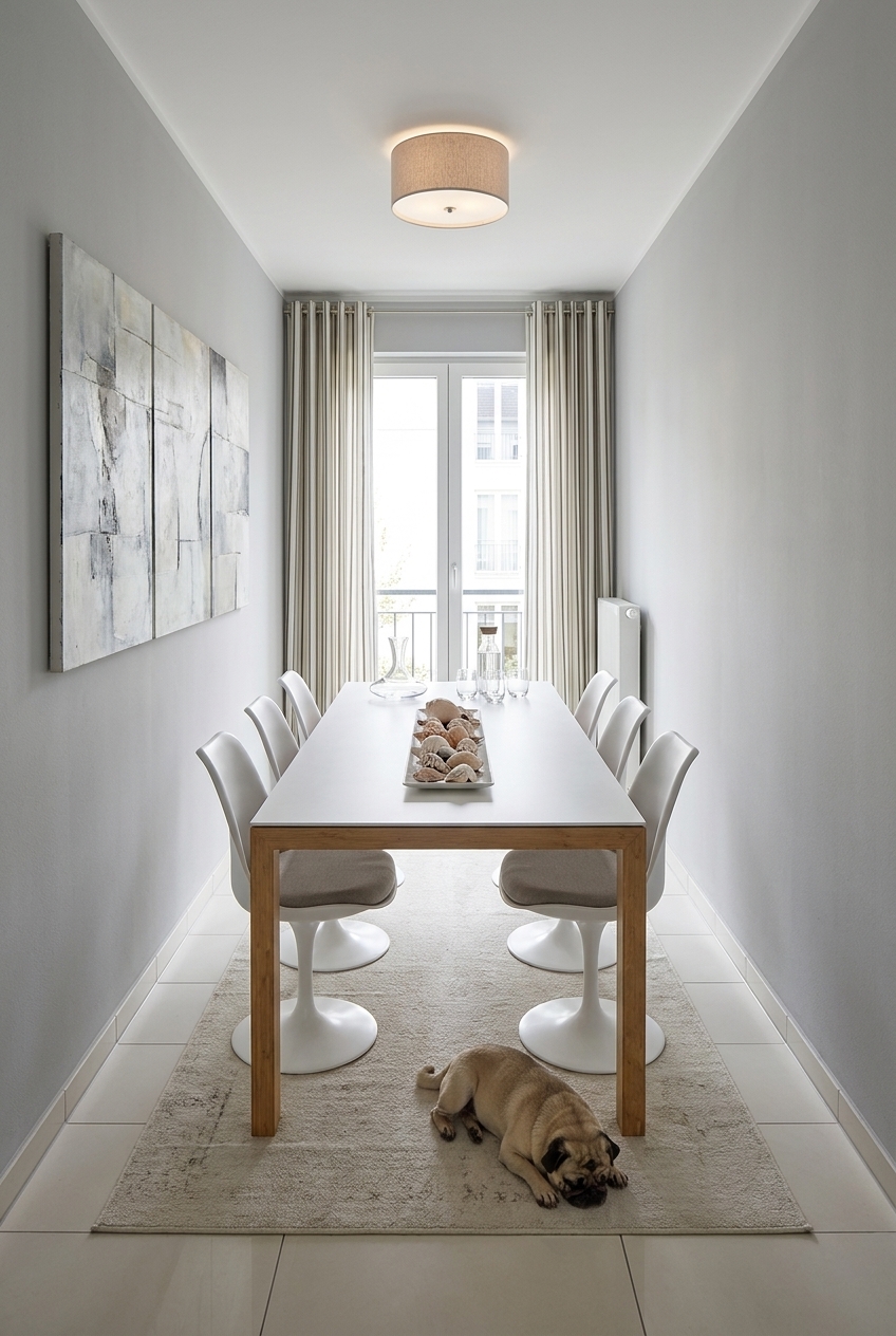 Schmales Esszimmer mit hellen Tönen, Esstisch Amalfi Keramik Holz Eiche, harmonisch gestaltet