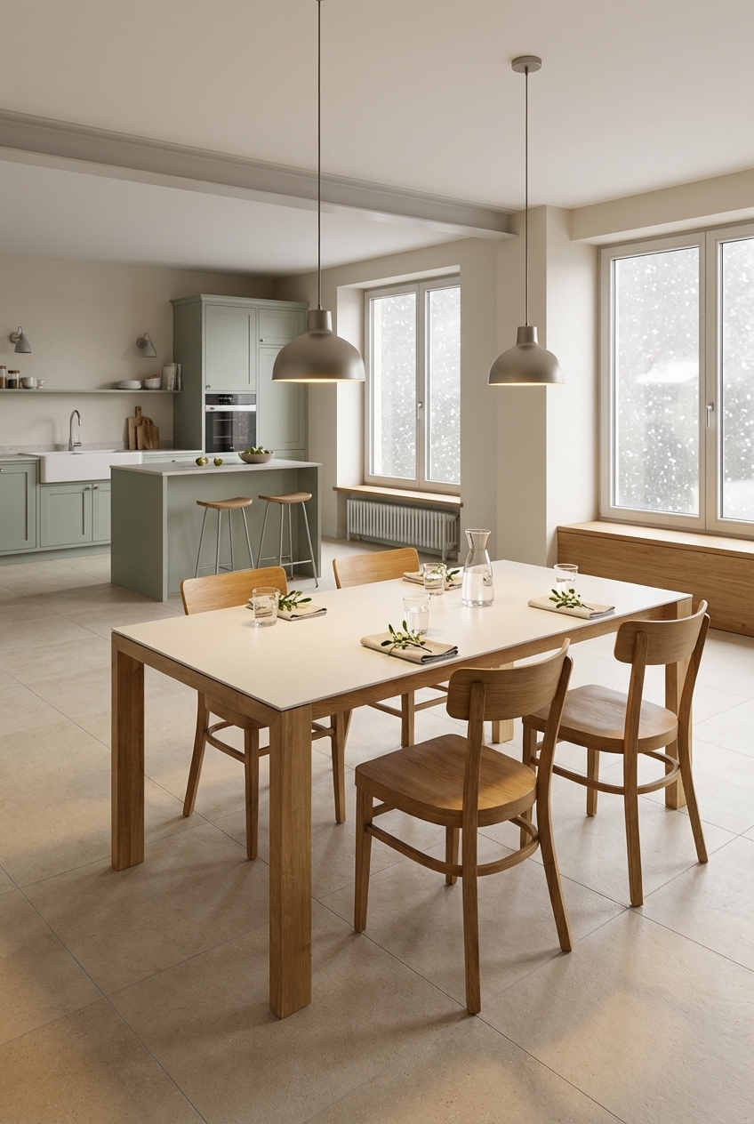 Tiefhängende Pendelleuchten zieren den Esstisch Amalfi Keramik Holz Eiche und schaffen eine klare Zone im offenen Raum