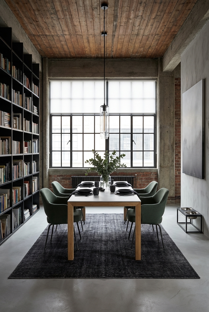 Essbereich mit großflächigen Sprossenfenstern und dem Esstisch Amalfi Keramik Holz Eiche in hellem Licht