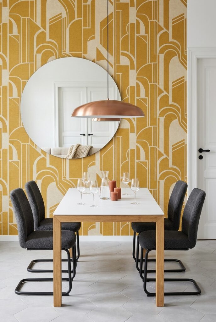 Kupferfarbener Pendelschirm über dem Esstisch Amalfi Keramik Holz Eiche schafft warmes Licht auf der gemusterten Wand
