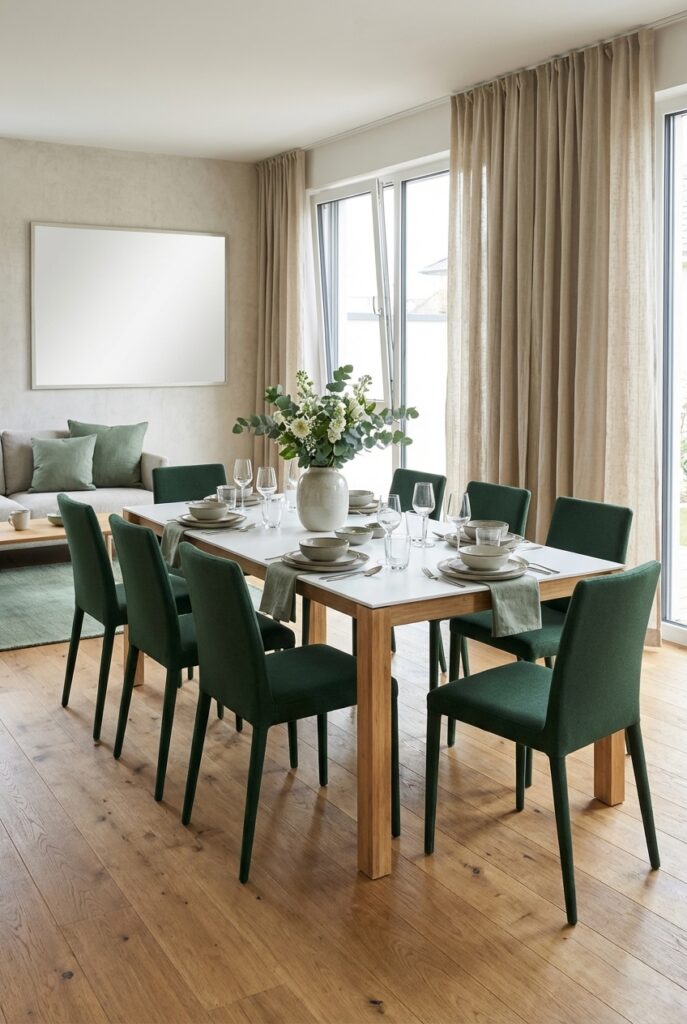 Grüne Kissen auf dem Sofa verbinden den offenen Wohnbereich mit dem Esstisch Amalfi aus Keramik und Holz.