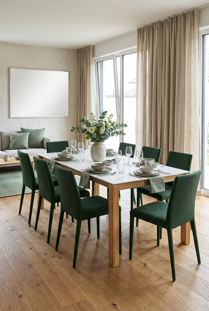 Grüne Kissen auf dem Sofa verbinden den offenen Wohnbereich mit dem Esstisch Amalfi aus Keramik und Holz.