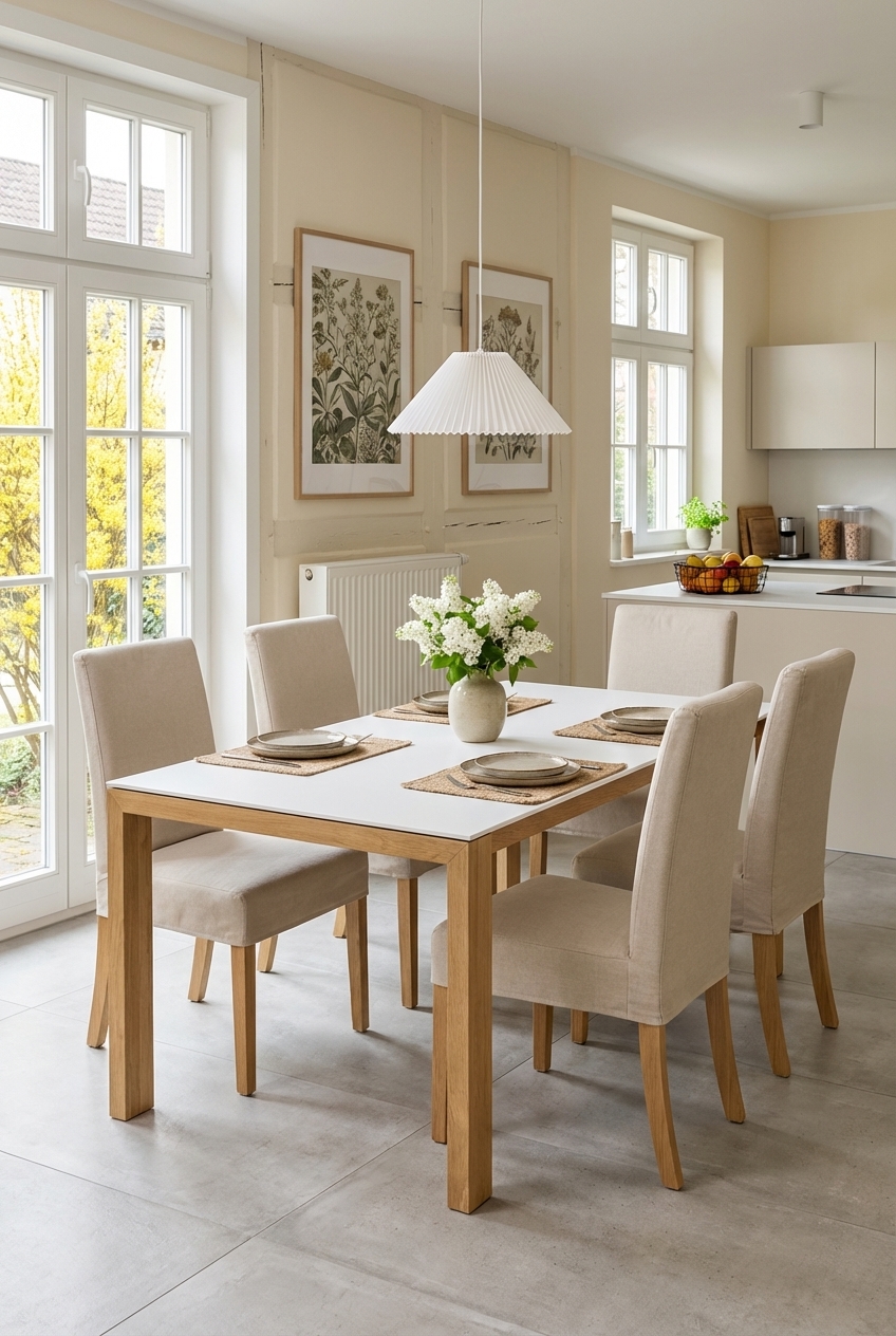 Gerahmte Bilder mit botanischen Motiven zwischen zwei Fenstern über einem Esstisch Amalfi aus Keramik und Holz