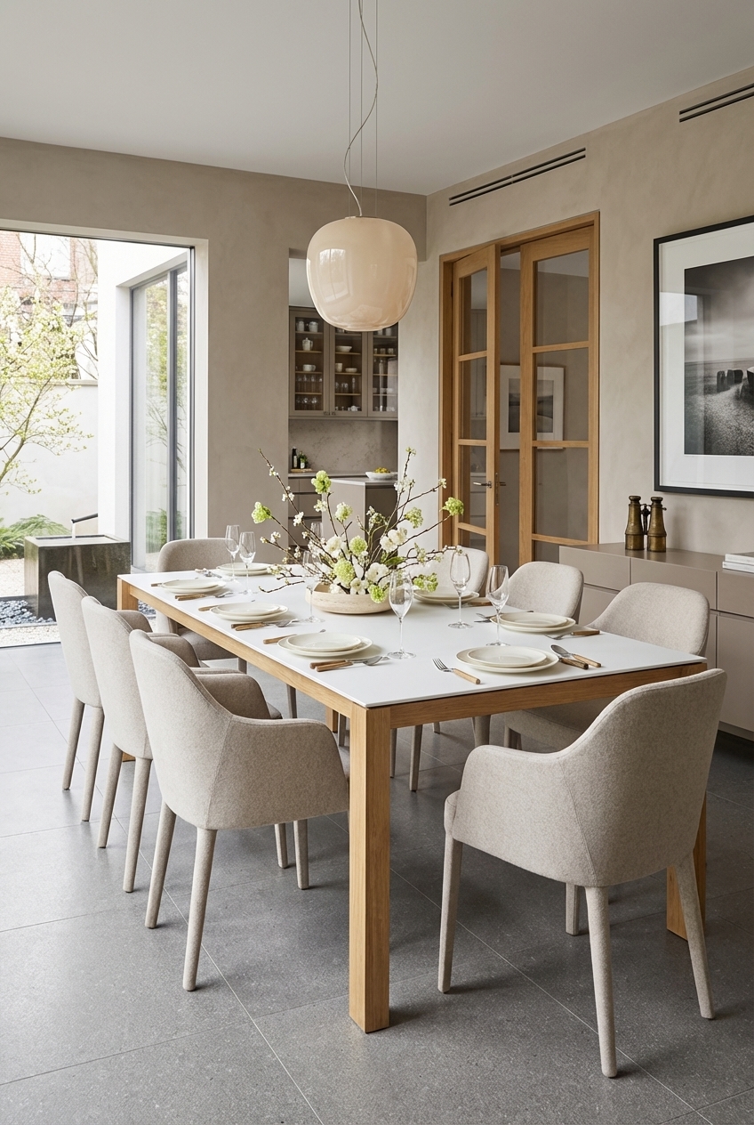 Harmonische Farbkombination im Esszimmer mit Sandtönen und dem Esstisch Amalfi Keramik Holz Eiche