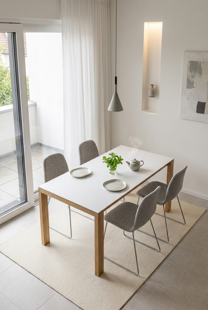 Essbereich mit schlanken Metallstühlen um den Esstisch Amalfi Keramik Holz Eiche