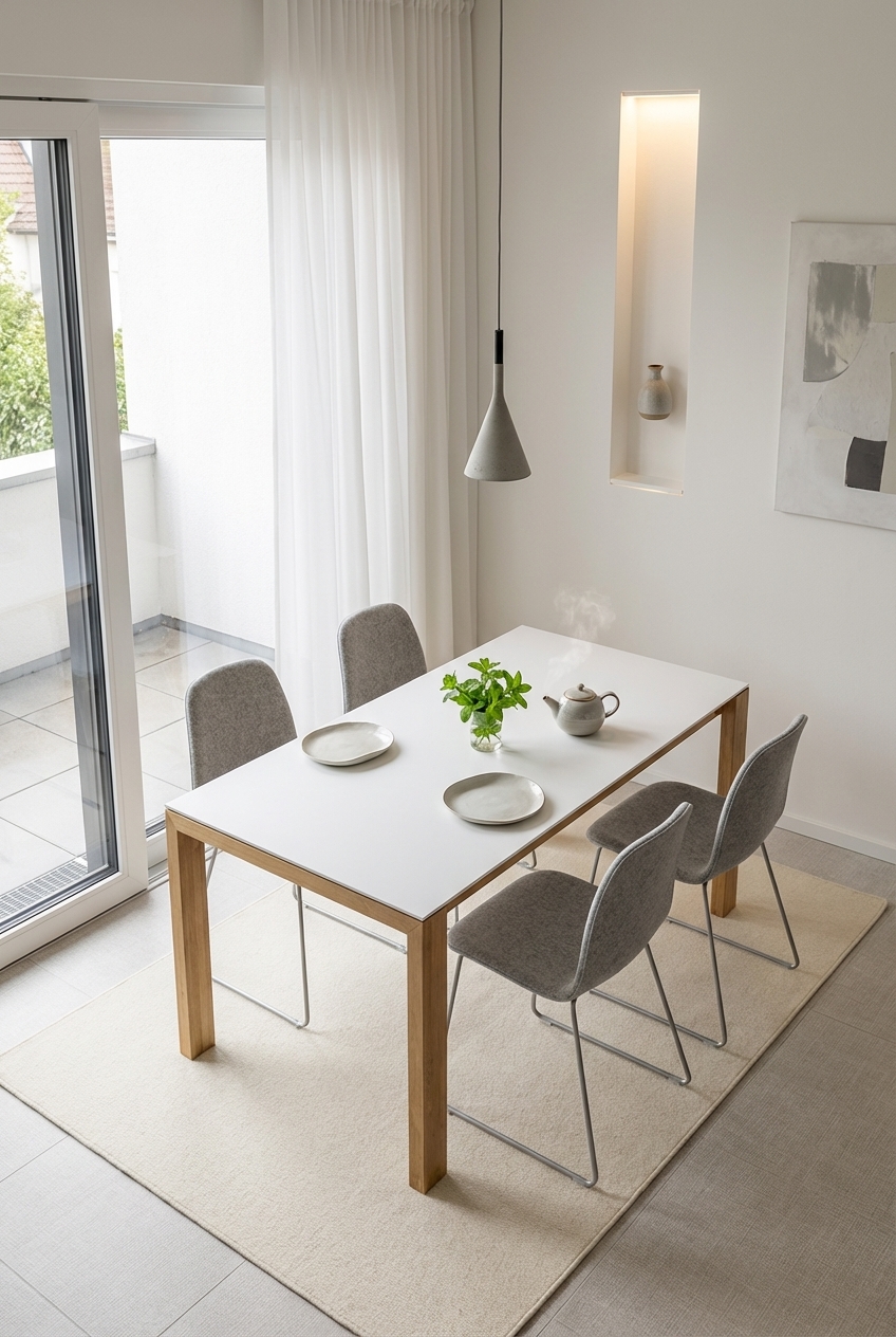 Essbereich mit schlanken Metallstühlen um den Esstisch Amalfi Keramik Holz Eiche