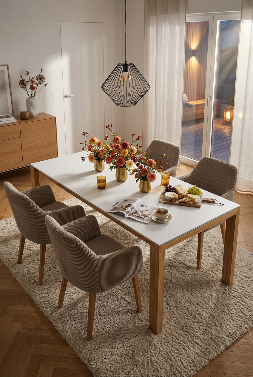 Drei goldene Vasen mit orangefarbenen, cremefarbenen und rosa Herbstblumen auf Esstisch Amalfi Keramik Holz
