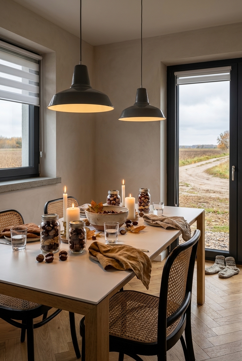 Mit Kastanien gefüllte Vorratsgläser und Kerzen auf dem Esstisch Amalfi Keramik Holz