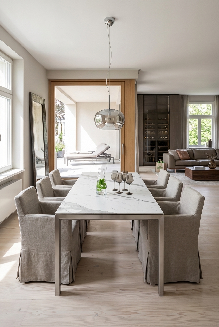 Hochformatiger Spiegel neben einem Esstisch aus Amalfi Keramik und Edelstahl, der den Raum vergrößert und das Tageslicht reflektiert