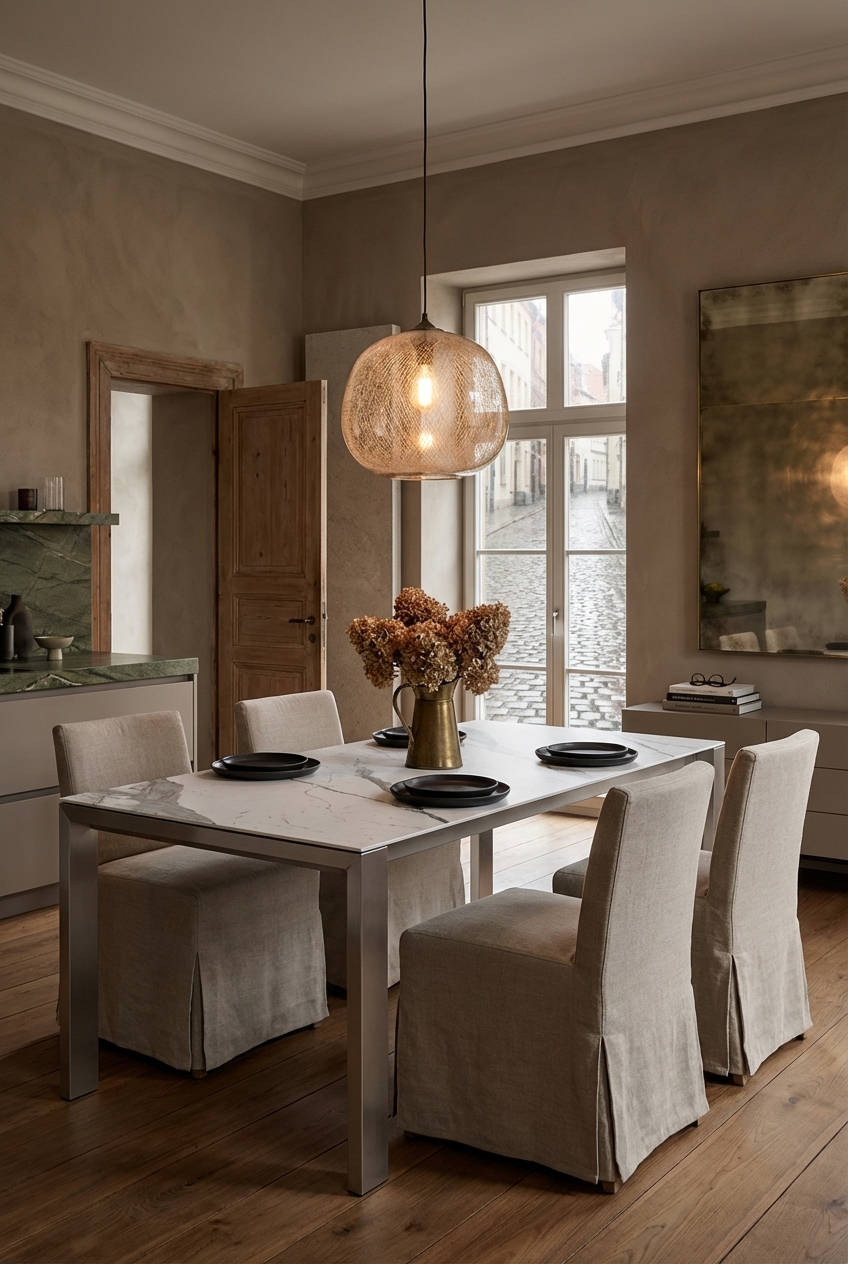 Essbereich mit warmen Erdtönen, Leinenstühlen und elegantem Esstisch Amalfi Keramik Edelstahl