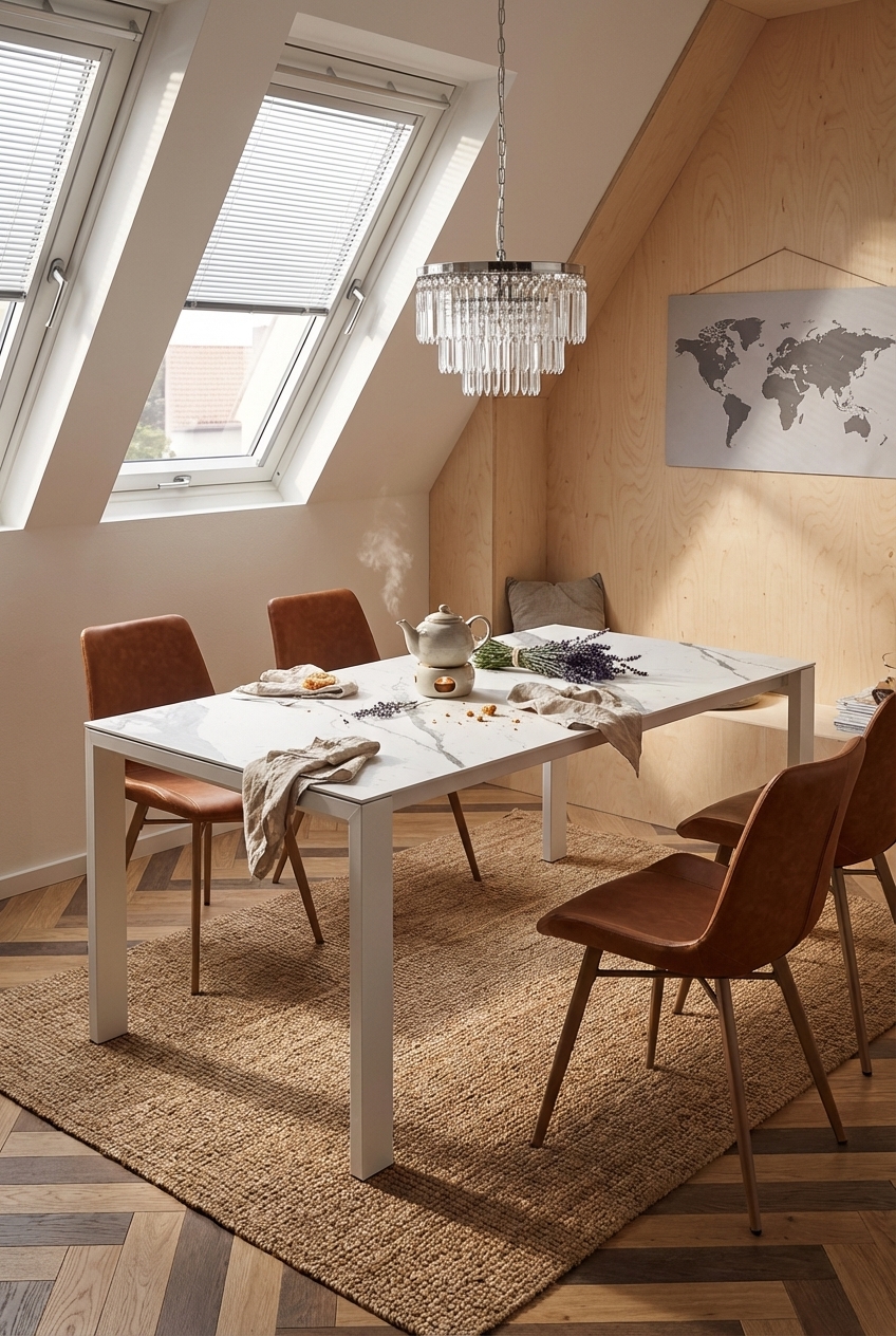 Esstisch Amalfi Keramik vor einer festen Sitzbank in einer Nische unter der Dachschräge