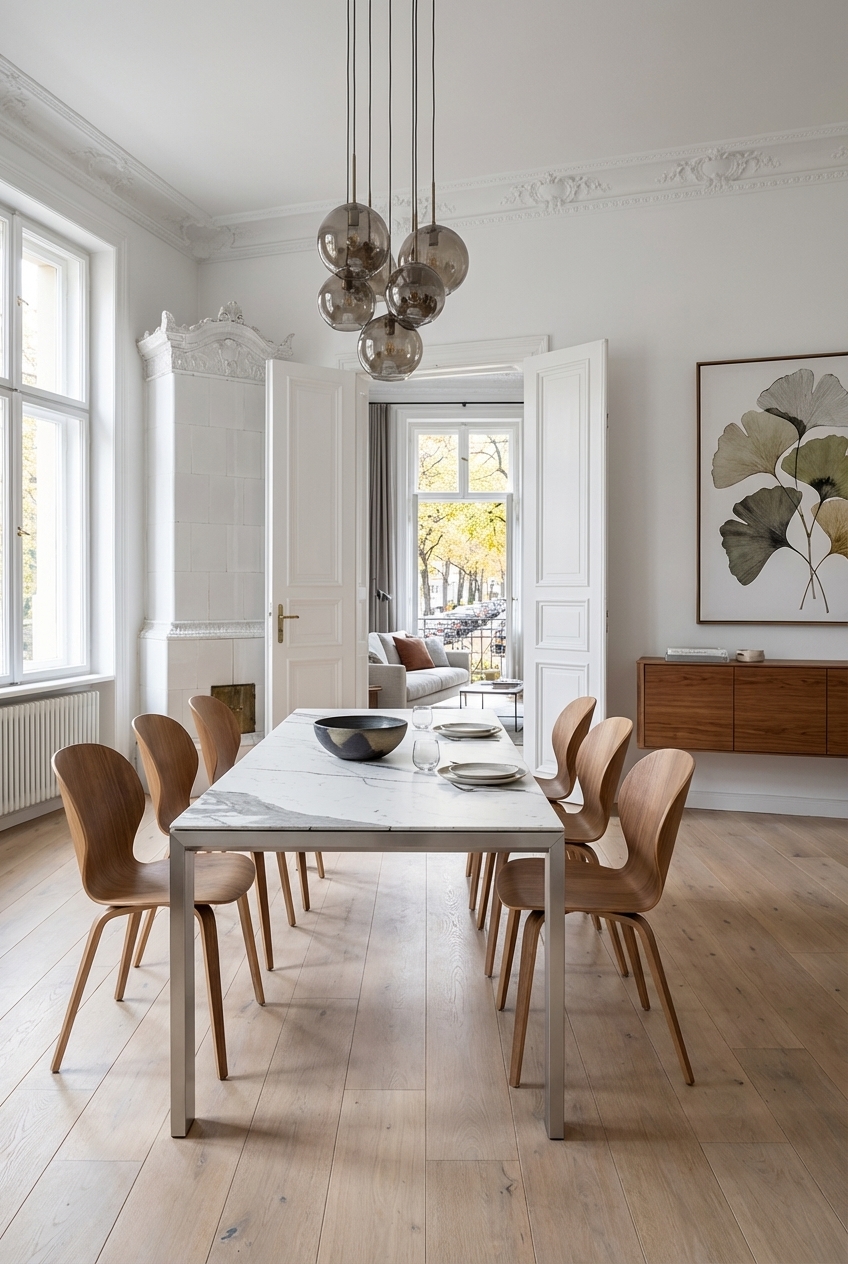 Dekorative Glaskugellampen hängen über dem Esstisch Amalfi Keramik Edelstahl und schaffen ein harmonisches Lichtspiel