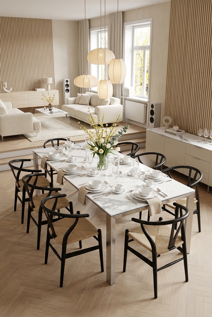 Esszimmer mit ovalem Tisch Amalfi Keramik und geschwungenen Stühlen in harmonischen Formen