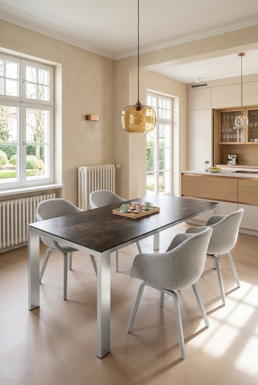 Dunkle Tischplatte des Esstischs Amalfi vor warmen beige Wänden schafft harmonischen Kontrast