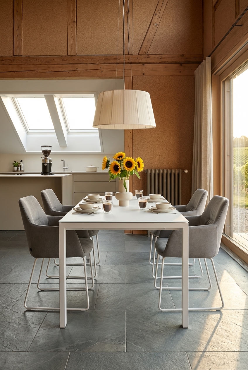 Ein ausziehbarer Esstisch Amalfi Keramik auf großformatigen Schieferfliesen