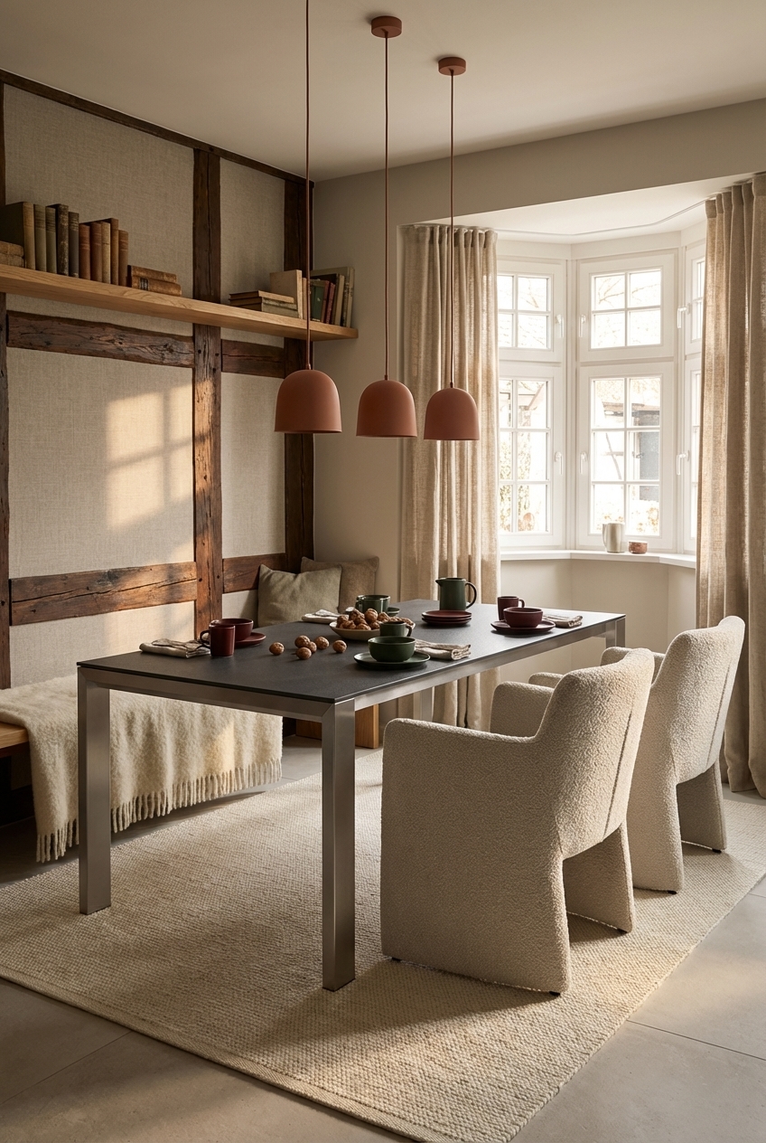 Dunkle Pendelleuchten über einem Esstisch aus Amalfi Keramik schaffen eine intime Atmosphäre