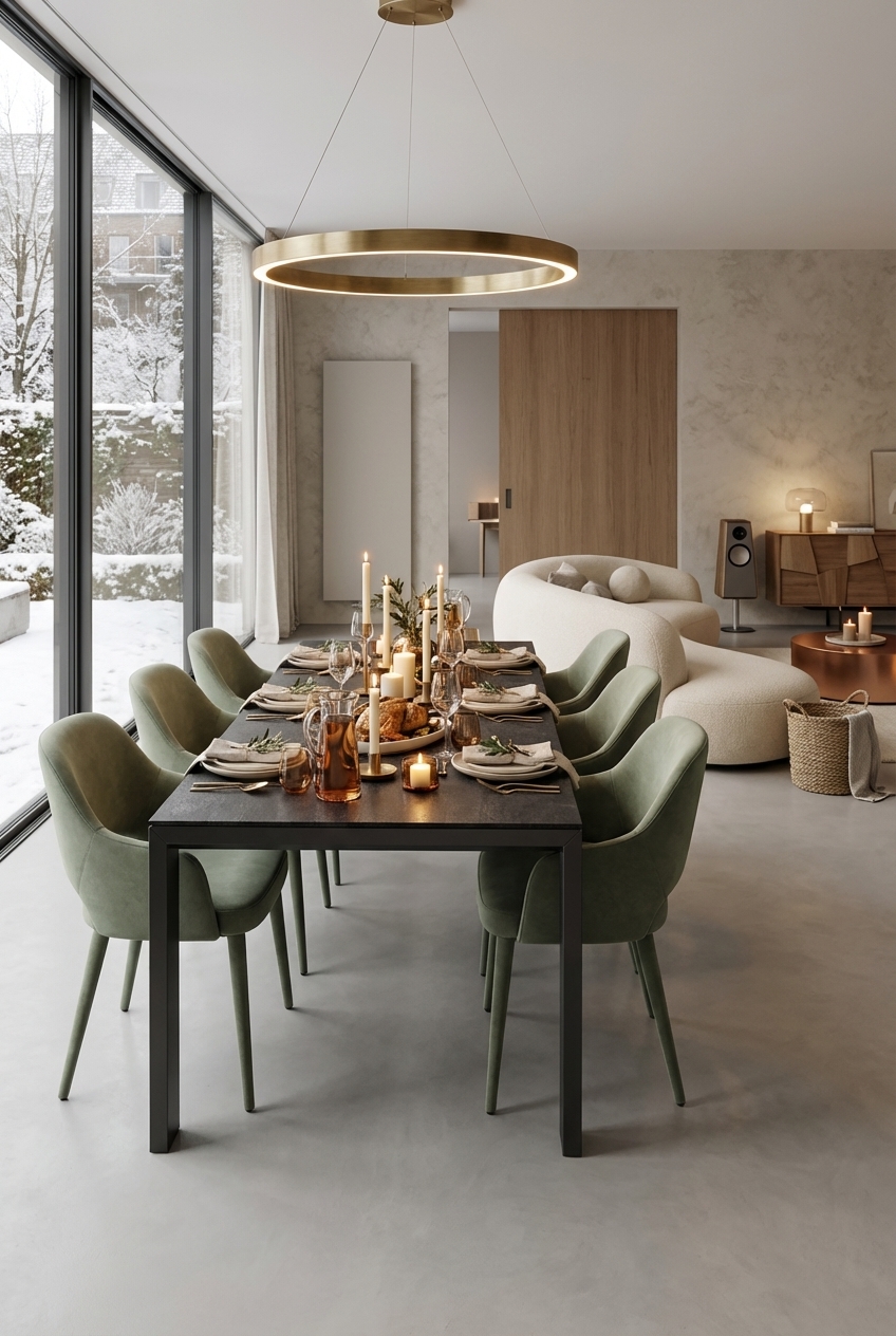 Esszimmer mit ausziehbarem Amalfi Keramiktisch und grünen Stühlen als Farbakzent