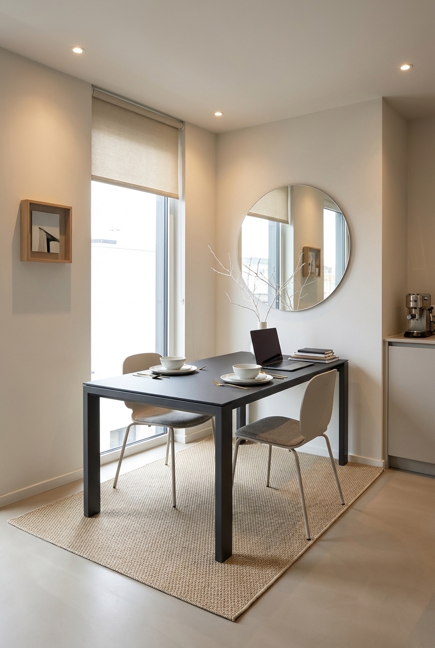 Kleines Esszimmer mit ruhiger Farbpalette und Esstisch Amalfi Keramik Alu