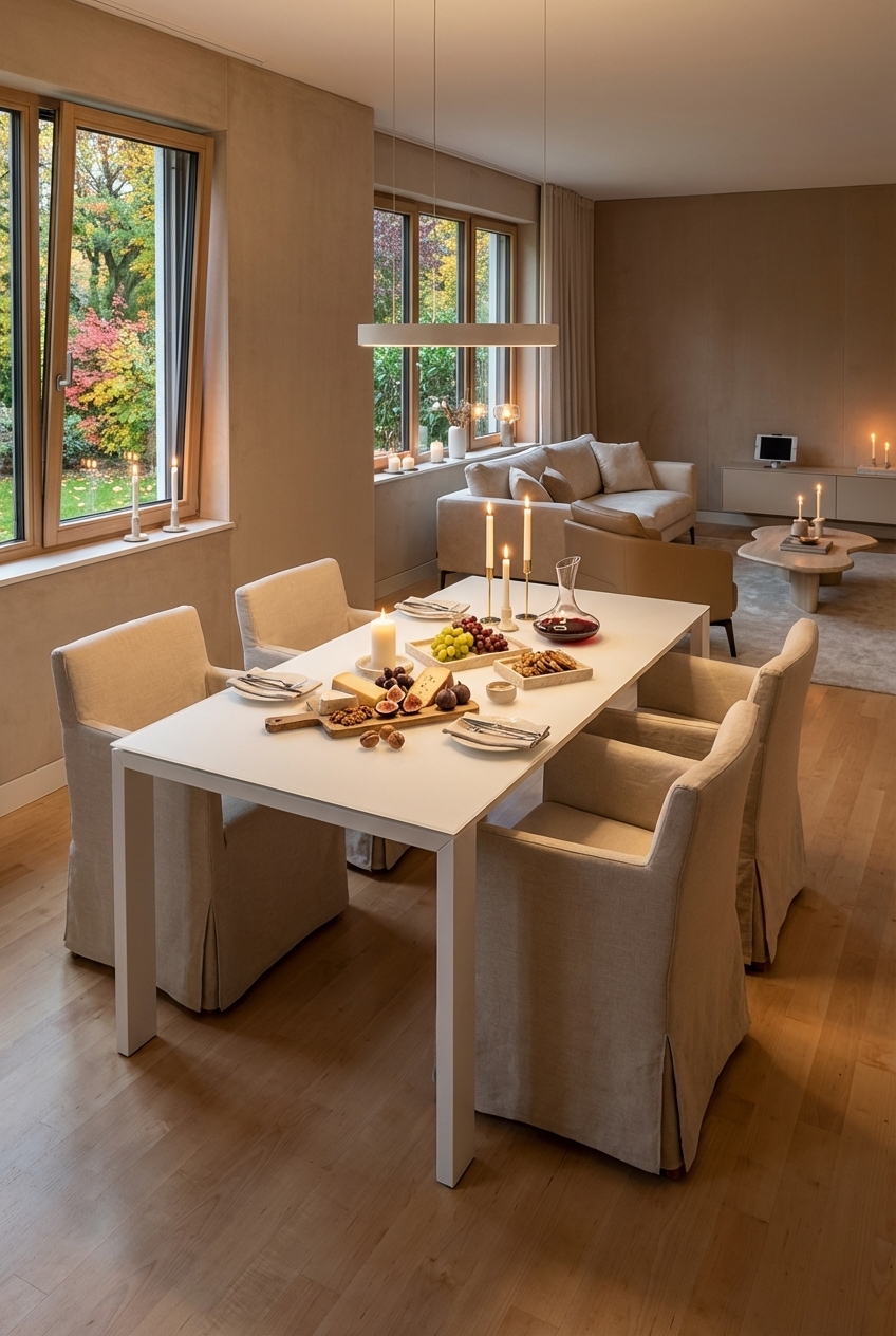 Esszimmer mit ausziehbarem Tisch Amalfi Keramik Alu in harmonischem Sandton