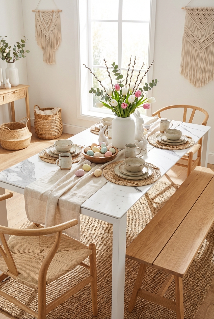 Ein lockerer Mittelstrauß aus Tulpen, Weidenkätzchen und Eukalyptus in einer Keramikvase auf einem Esstisch Amalfi.