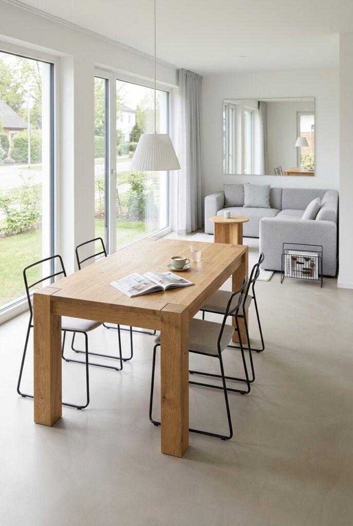 Ein einheitlicher Boden verbindet den Essbereich mit dem Wohnzimmer, ideal für kleine Räume.