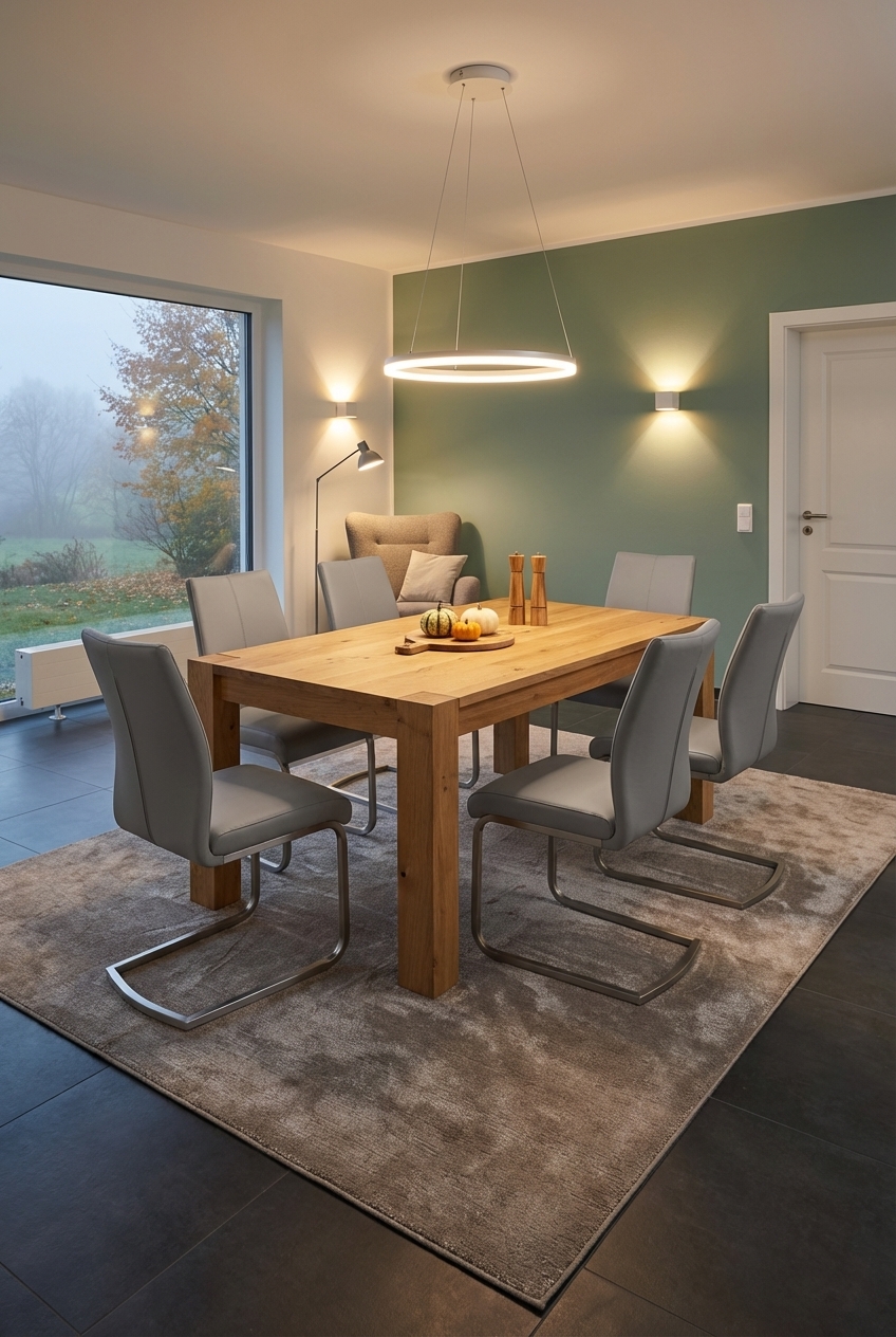 Taupefarbener Teppich harmonisiert den Übergang zwischen dunklen Bodenfliesen und warmem Holz.