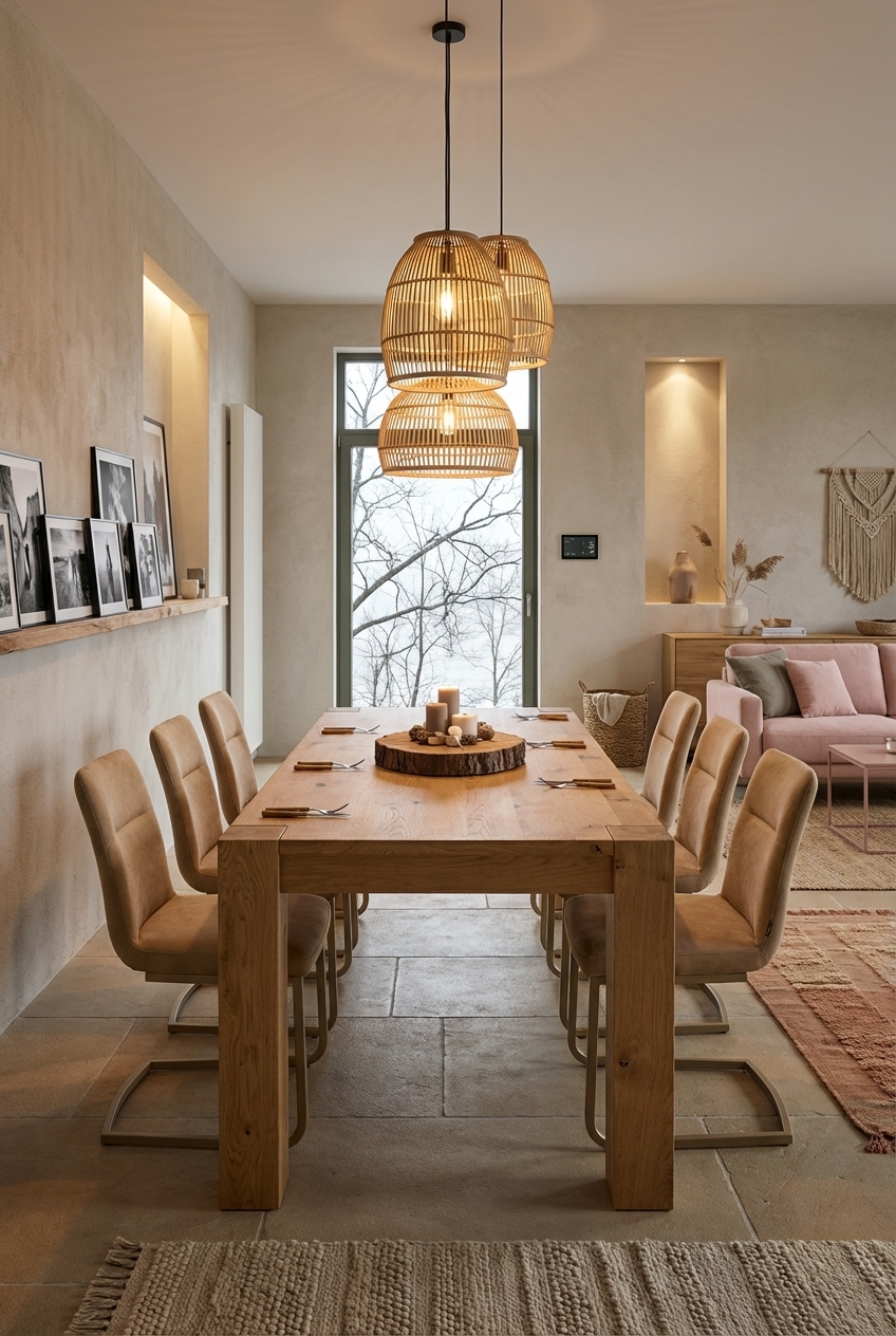 Esszimmer mit beige gepolsterten Stühlen und Eichetisch Arica für harmonische Raumgestaltung