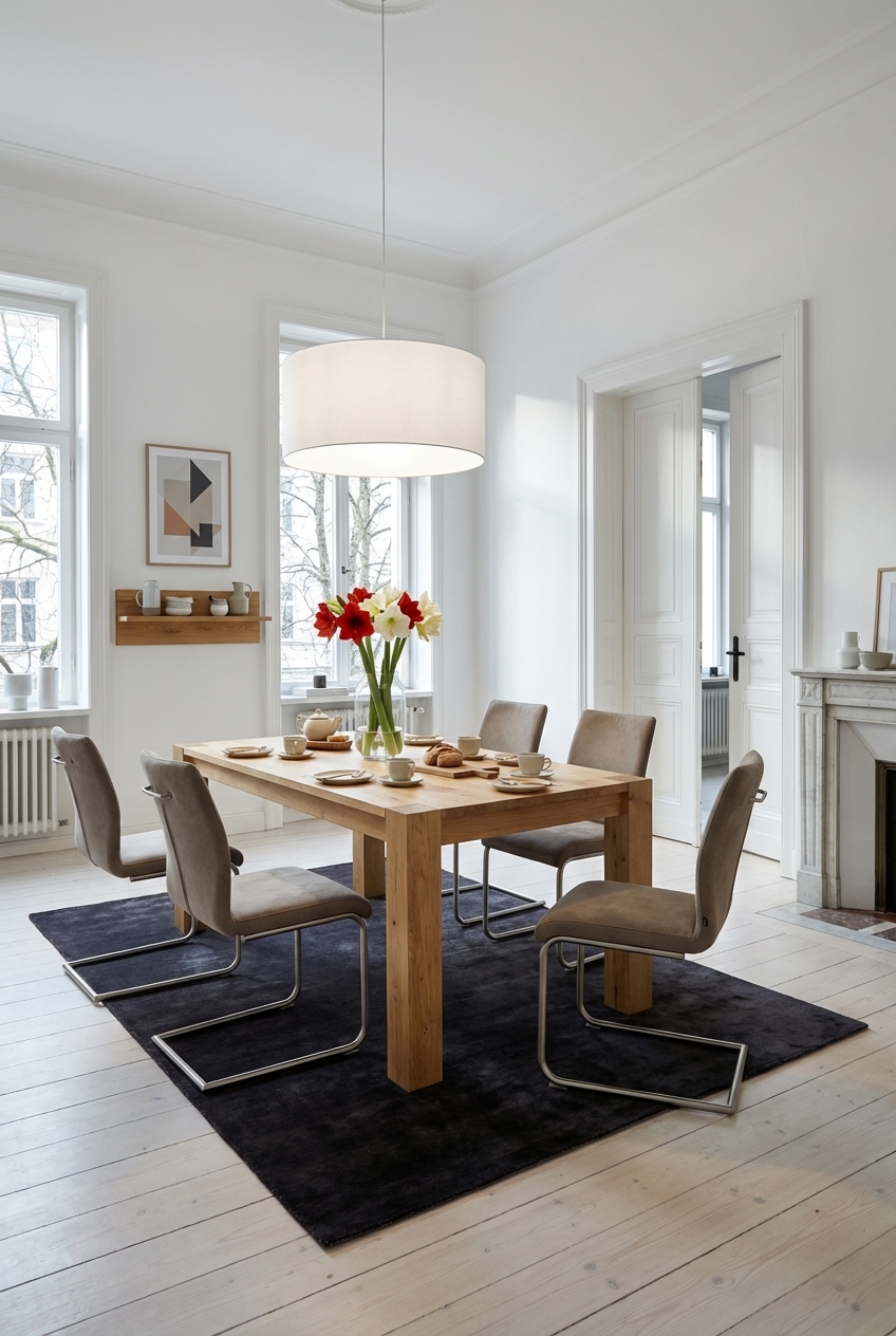 Dunkler Teppich schafft einen definierten Essbereich um den Esstisch Arica aus Eiche.